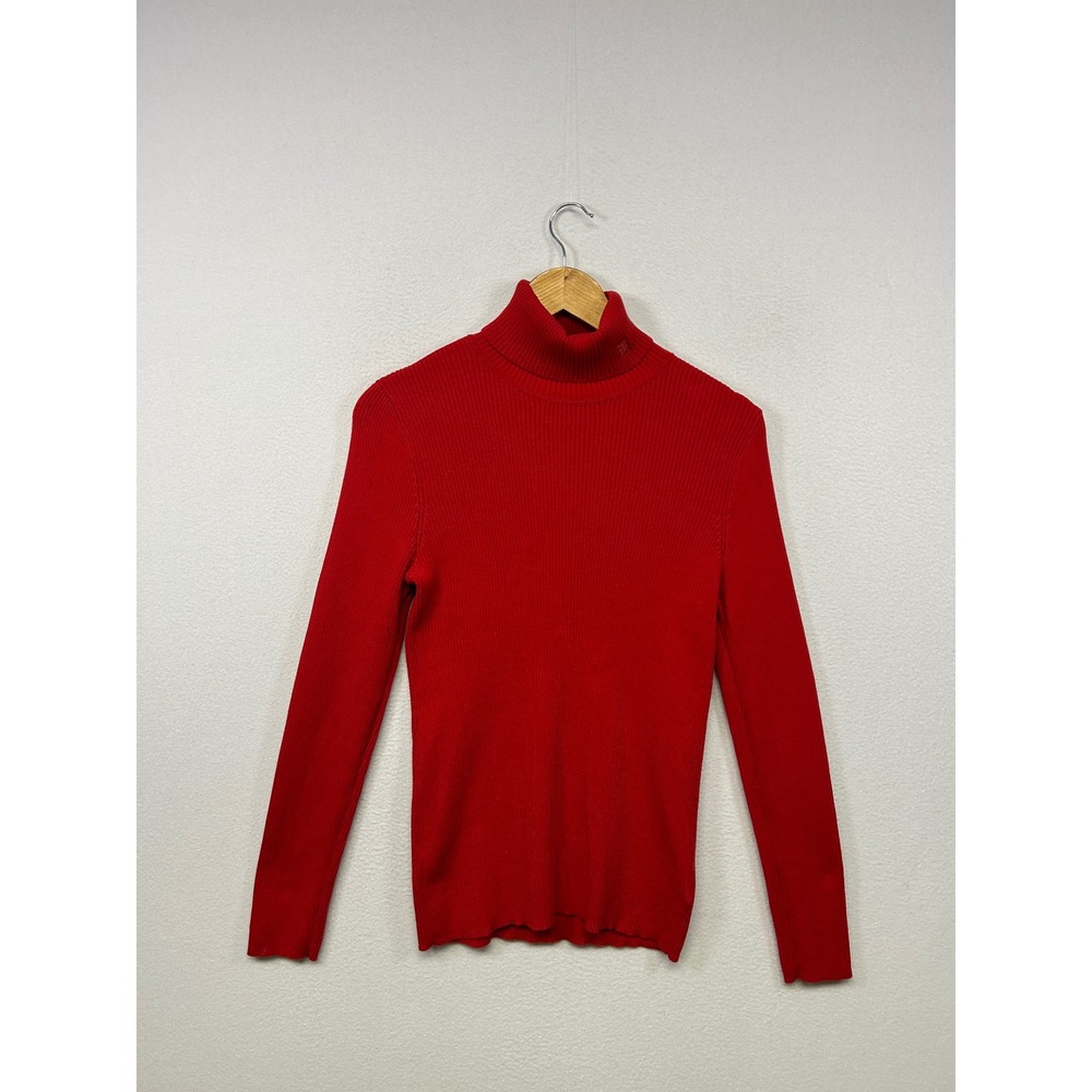 Lauren Ralph Lauren Preppy Classic Women M Red Ribbed Cotton Turtleneck Sweater